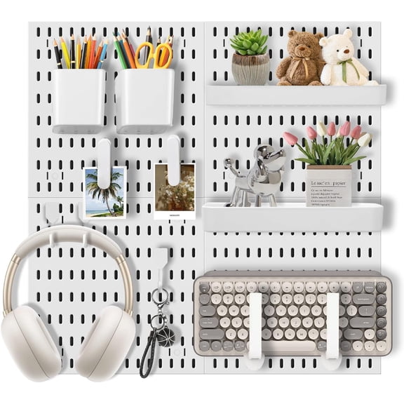 Pegboard Wall Organizer Set – 4 Peg Boards with Hooks & Shelves – Office, Kitchen, Gaming Room Desk Pegboard Storage – Peg Board Wall Display Rack (White)
