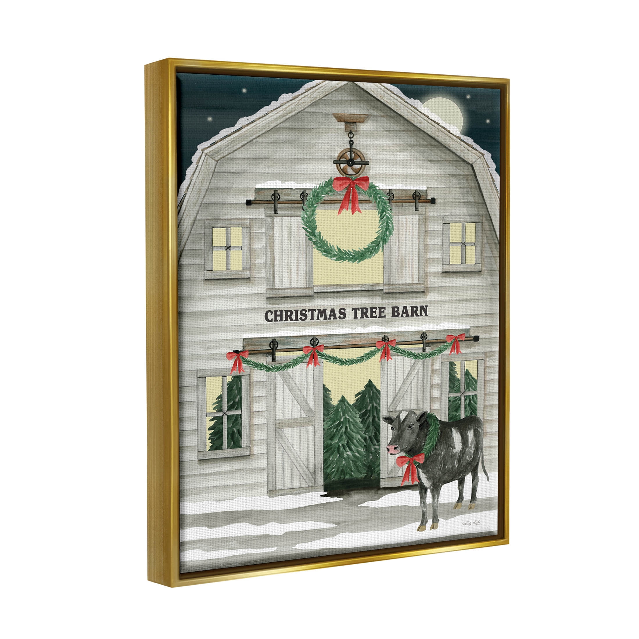 Christmas Tree Barn Rural Countryside Holiday Graphic Art Metallic Gold Framed Art Print Wall Art