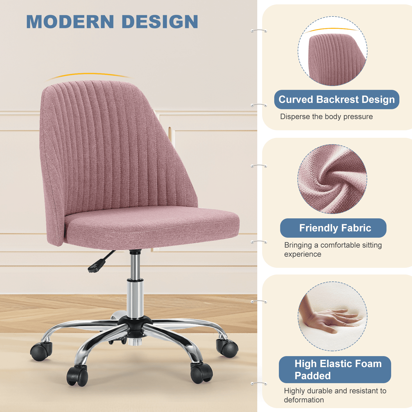 JIOABL Home Office Desk Chair, Office Chairs Desk Chair Rolling Task Chair Computer Chair Adjustable with Wheels Armless for Bedroom, Vanity Chair for Makeup Room, Living Room