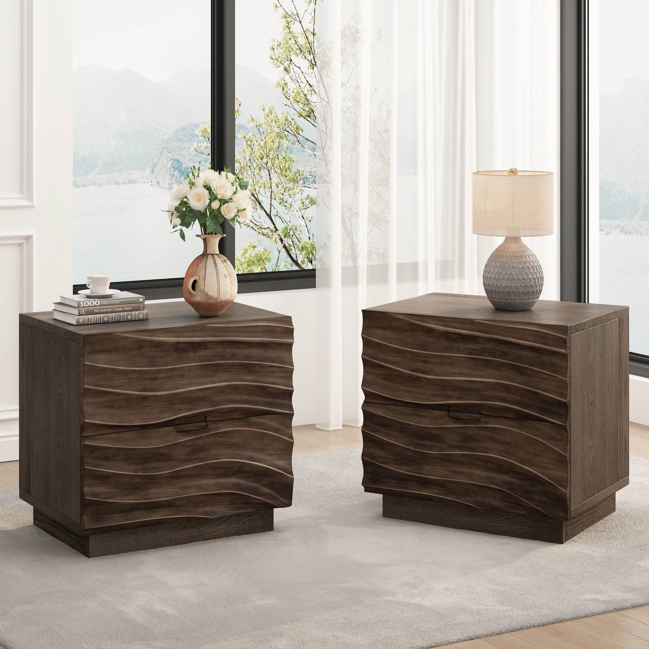 GDF Studio Set of 2 Solid Wood Nightstands with 2 Drawers, Handle-Free Design, Brown