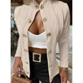 thumbnail image 4 of Women Argyle Cable Cardigan Light-Weight Cropped Coat Stand Collar Long Sleeve Metal Button Fall Jackets Apricot M, 4 of 8