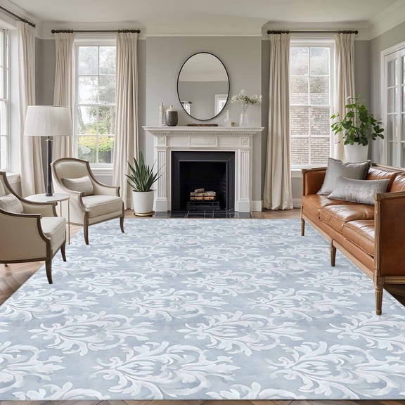 Haze Blue Boho Large Area Rug 8x10 FT, Non Slip Living Room Throw Carpet, Neutral Middle Century Turkish Pattern Washable Soft Indoor Outdoor Carpet Non-Shedding Rug for Bedroom Dining Room