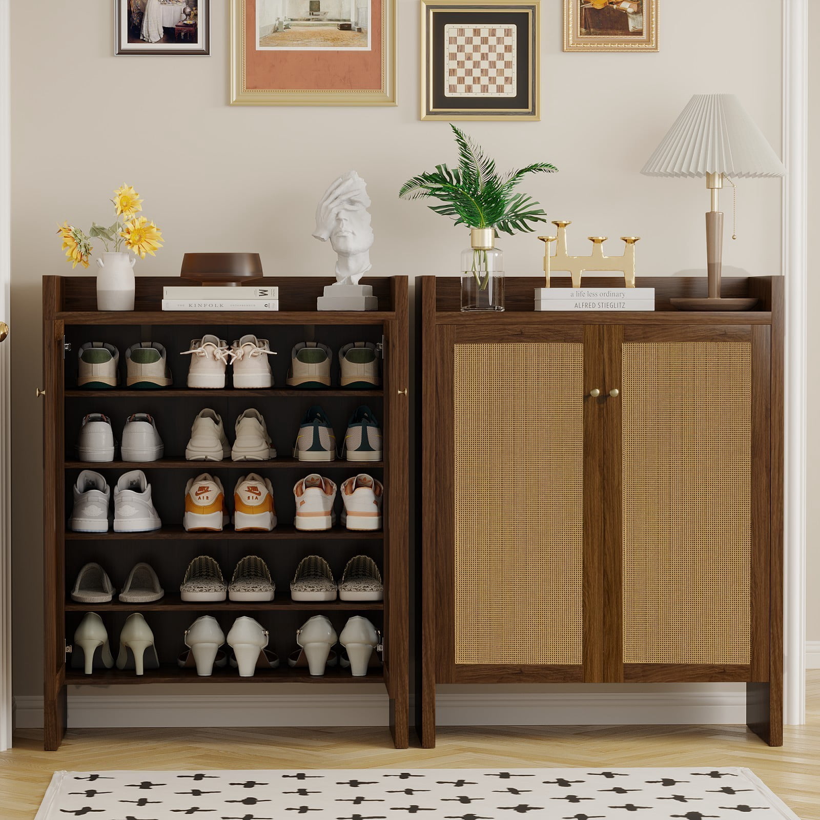 42.5" Tall Rattan Shoe Cabinet with Doors, 6-Tier Wooden Shoe Storage Organizer with Adjustable Shelves for Entryway Hallway, Walnut