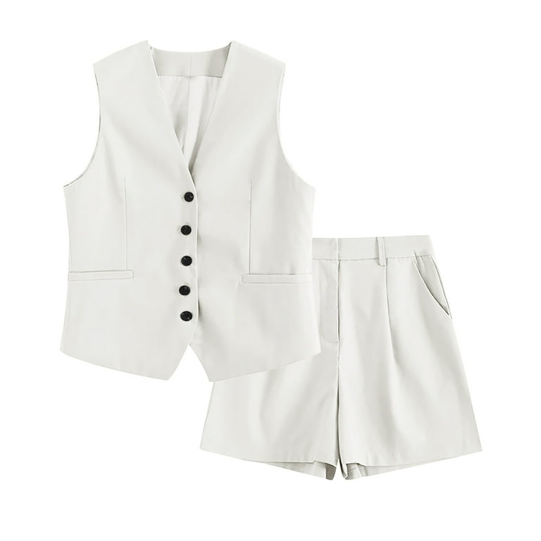 Jalioing 2 Piece Dress Suit Set for Women Sleeveless Button