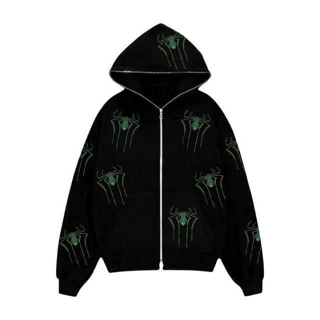 Sunloudy Women Spring Fall Coat, Rhinestones Skull/ Spider Print Long Sleeve Hooded Jacket with Zipper