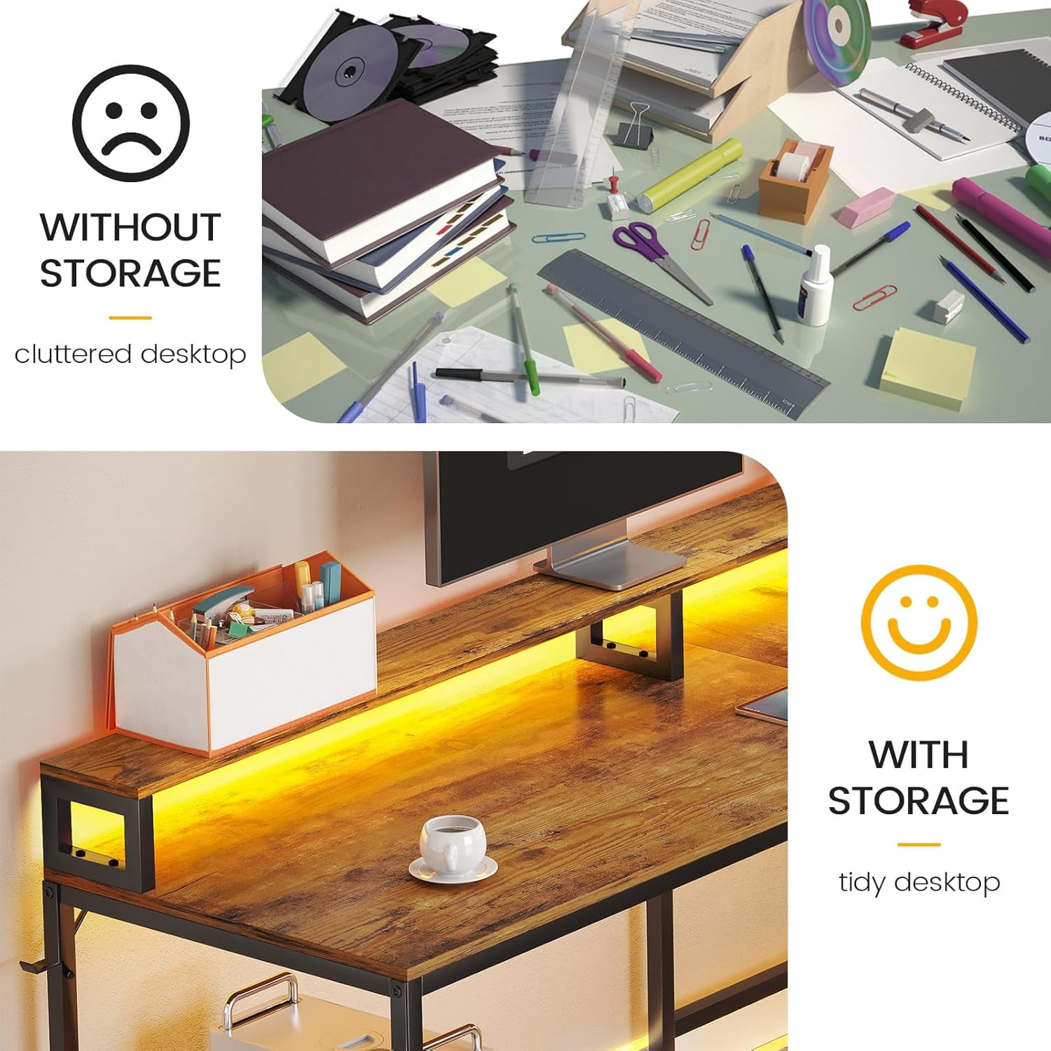 L-Shaped Office Desk with Drawers & Monitor Stand, Reversible Computer Desk with LED Lights & Charging Station, Rustic Brown