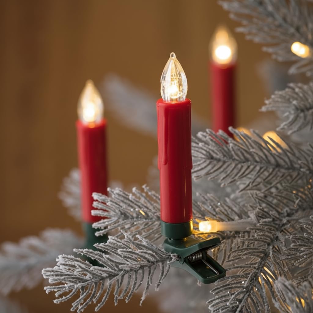 WYZworks 20 Pack LED Flameless Red Taper Clip On/Suction Cup Candles for Christmas Tree/Window Candle, 3.5" Flickering Warm White Candle Lights Ornaments, Crown Wreath, Battery Operated, Remote/Timer