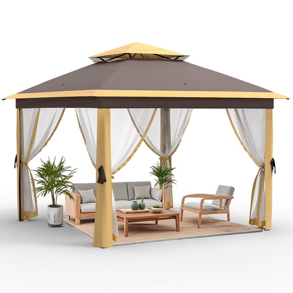 11x11 FT Outdoor Gazebo, Heavy Duty Pavilion With Sturdy Metal Frame & Double Roofs, Patio Shelter With Mosquito Netting, Khaki