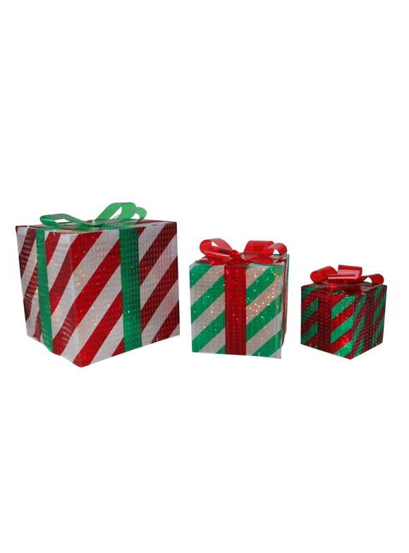 Northlight Set of 3 Red and Green Striped Gift Boxes Outdoor Christmas Decorations 8" g
