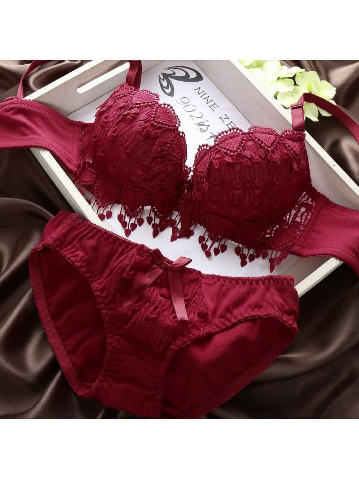 Topumt Women Underwear Suit Lady’s Push Up Bra Sets Lace Love Heart  Embroidery Deep V Lingerie Bras +Panties