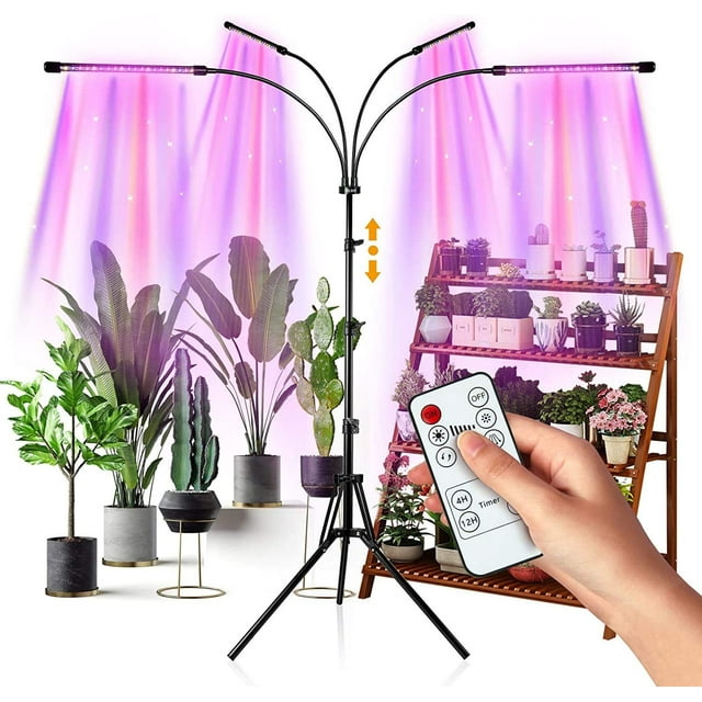 Luz de cultivo LED de 80 W con soporte para plantas de interior, luz de planta con temporizador, 80 LED, 4 cabezales de espectro completo con control remoto para plántulas, verduras y flores
