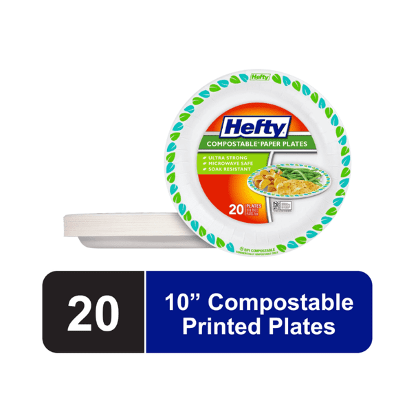 Compostable Paper Plates 10 Inch - Hefty 20 Count - Biodegradable Disposable Plates for Parties, Picnics, Camping - Eco Friendly & Sustainable Tableware Hefty Compostable