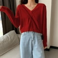 thumbnail image 3 of 2021 SALE Girl Women's Solid Color Knit Cardigan Small Short V-neck Long Sleeve Thin Jacket Crop Top Outerwear,Red, 3 of 10