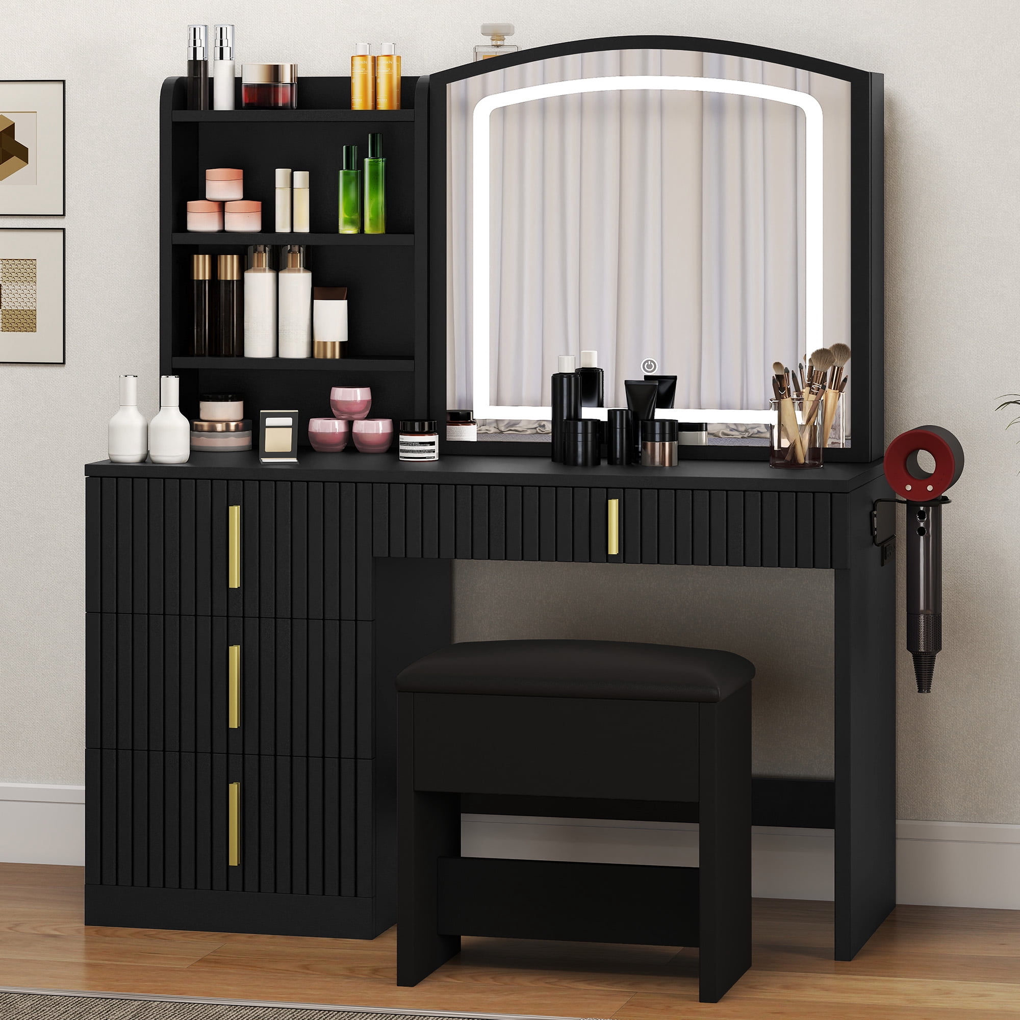 Uforic Large 55.5" Makeup Vanity with 3 Color Lights, Vanity Desk with USB Charging Station, Vanity Makeup Table with 4 Drawers, Hidden and Open Storage Shelves, Black