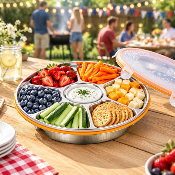 YangxinFruit Platter Tray for Parties Vegetable Tray Veggie Tray with Lid Chilled Snackle Box Fruit Storage Containers for Fridge Fruit Trays Snack Spinner Trays for Serving Food 6 Compartments/9.1in
