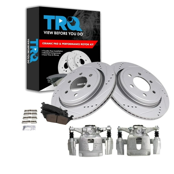 TRQ Rear Performance Brake Pad & Rotor Kit Brake Caliper Brake Pads Brake Rotors Set Ceramic Vented Premium G-Coated Fits Select 2015-2017 Ford F-150