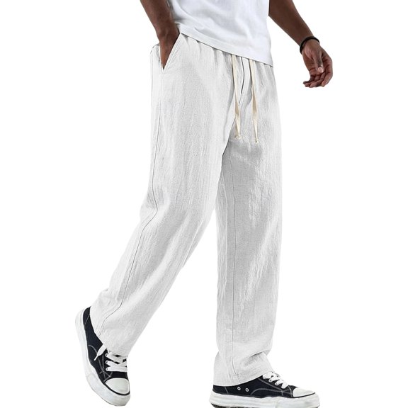 Nestiefly Mens Cotton Linen Pants Casual Elastic Waist Drawstring Summer Beach Pants Loose Fit Lightweight Dress Trousers 2026 White S