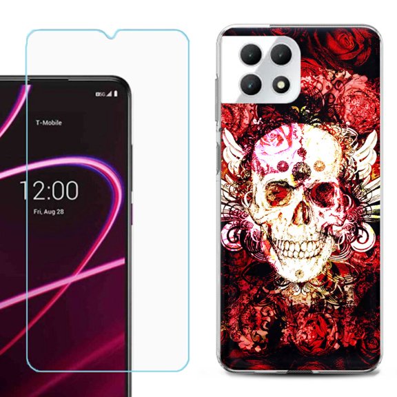 Phone Case for T-Mobile Revvl 7 5G, Shockproof Case Cover with Tempered Glass Screen Protector, by OneToughShield - Rose Skull