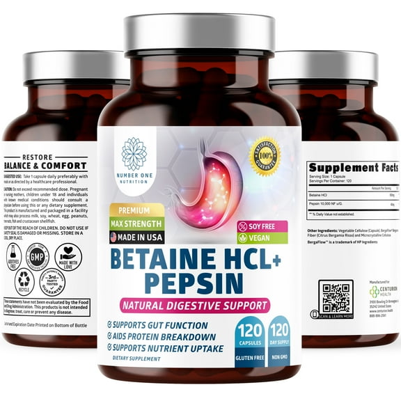Betaine Hydrochloride Enzymes Supplement with Pepsin, Helps Support Protein Breakdown and Nutrient Absorption, 120 Caps
