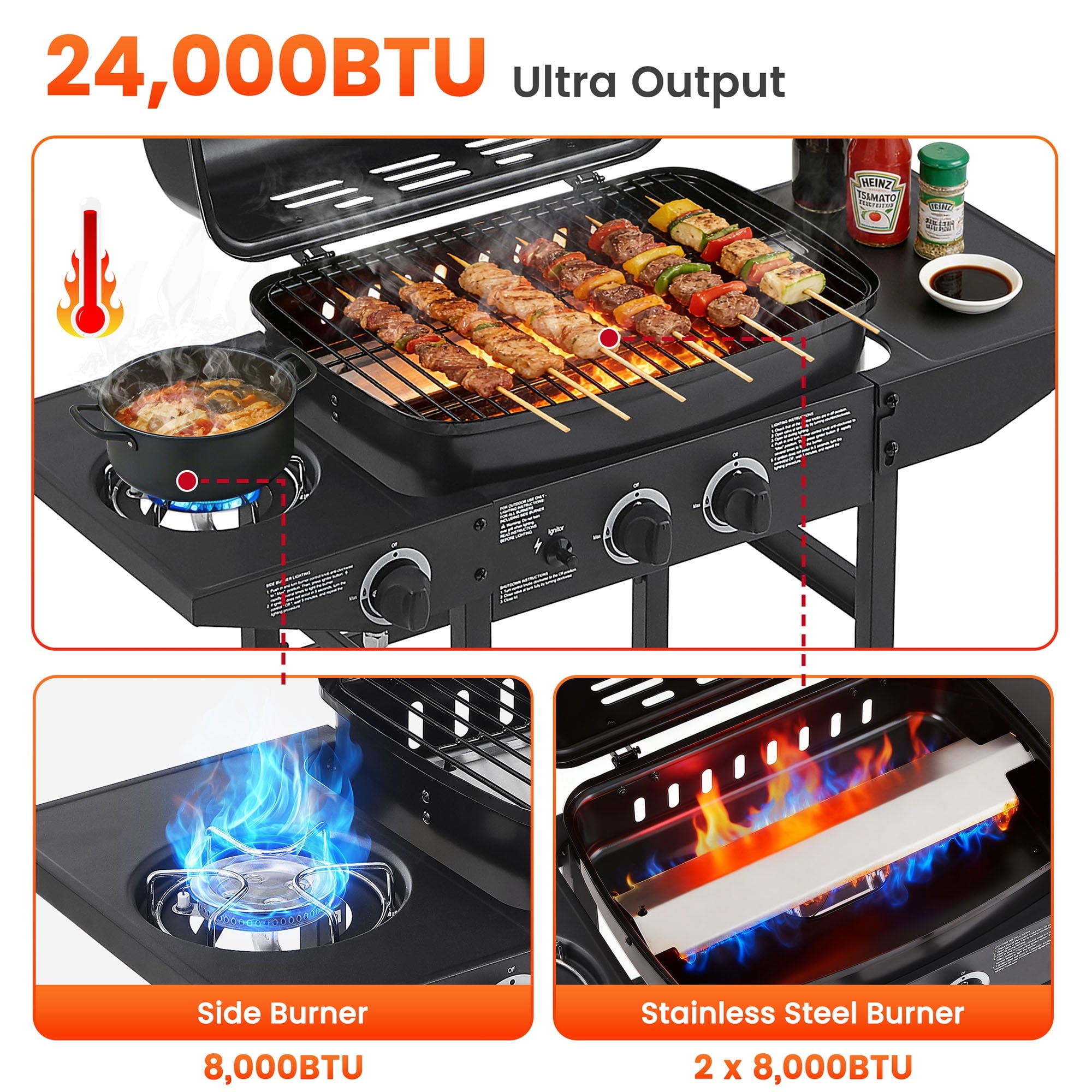 Seizeen 2-Burner Gas Grill Outdoor BBQ with Side Burner, Stainless Steel Propane Grill 24000 BTU Output, Barbecue Grill with Enameled Grate and Side Tables for Outdoor Patio Backyard Cooking