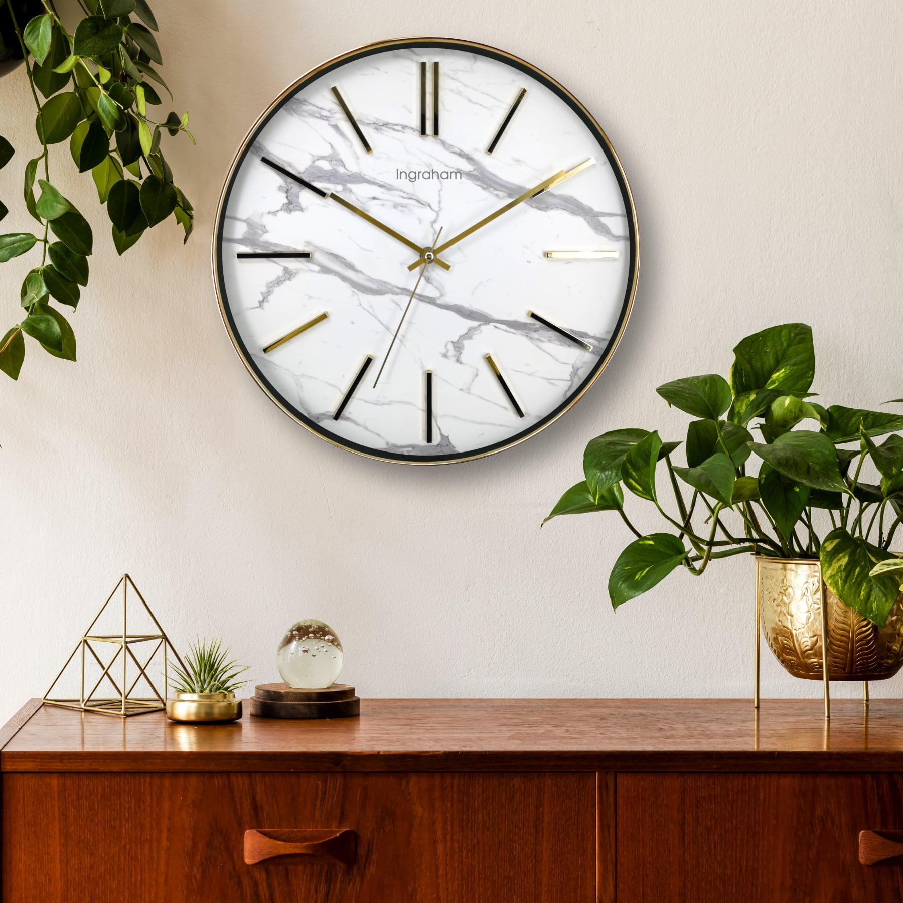Ingraham Analog 14" Gold & White Marble Wall Clock with Quartz Accuracy- Model# 60003