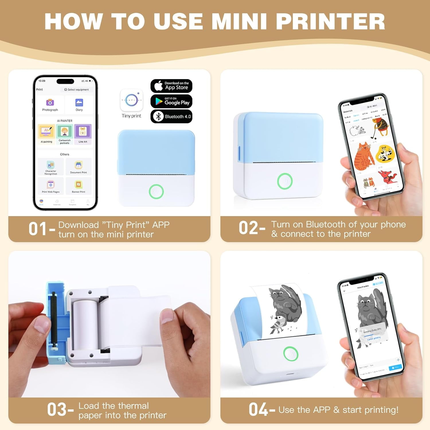 Thermal Mini Printer, Portable Inkless Sticker Maker, Bluetooth Printer for Phone, Wireless Label Printer with Tape, Free Cut Small Pocket Printer for Notes&Children DIY, Compatible with iOS&Android