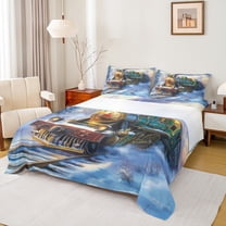 jejeloiu Vintage Train Twin Sheet Sets,Steam Engine Twin Fitted Sheet,Green Godl Blue Flat Sheet For Boys Kids,Luxury Bedroom Decor,3pcs