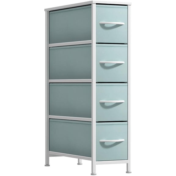 Aqua 4-Drawers 16.5 in. Chest of Drawers, Tall Narrow Dresser with Steel Frame, Wood Top, and Easy Pull Fabric Bins