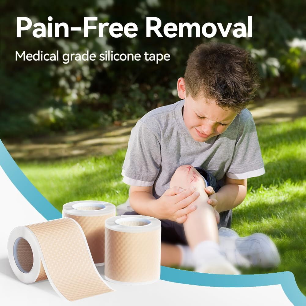 Dimora Silicone Tape 3 Rolls - Hypoallergenic Medical Tape for Sensitive Skin, Pain-Free Removal First Aid Tapes with Easy Tear Precut, Waterproof Surgical Tape, 1.6 in x 177 in