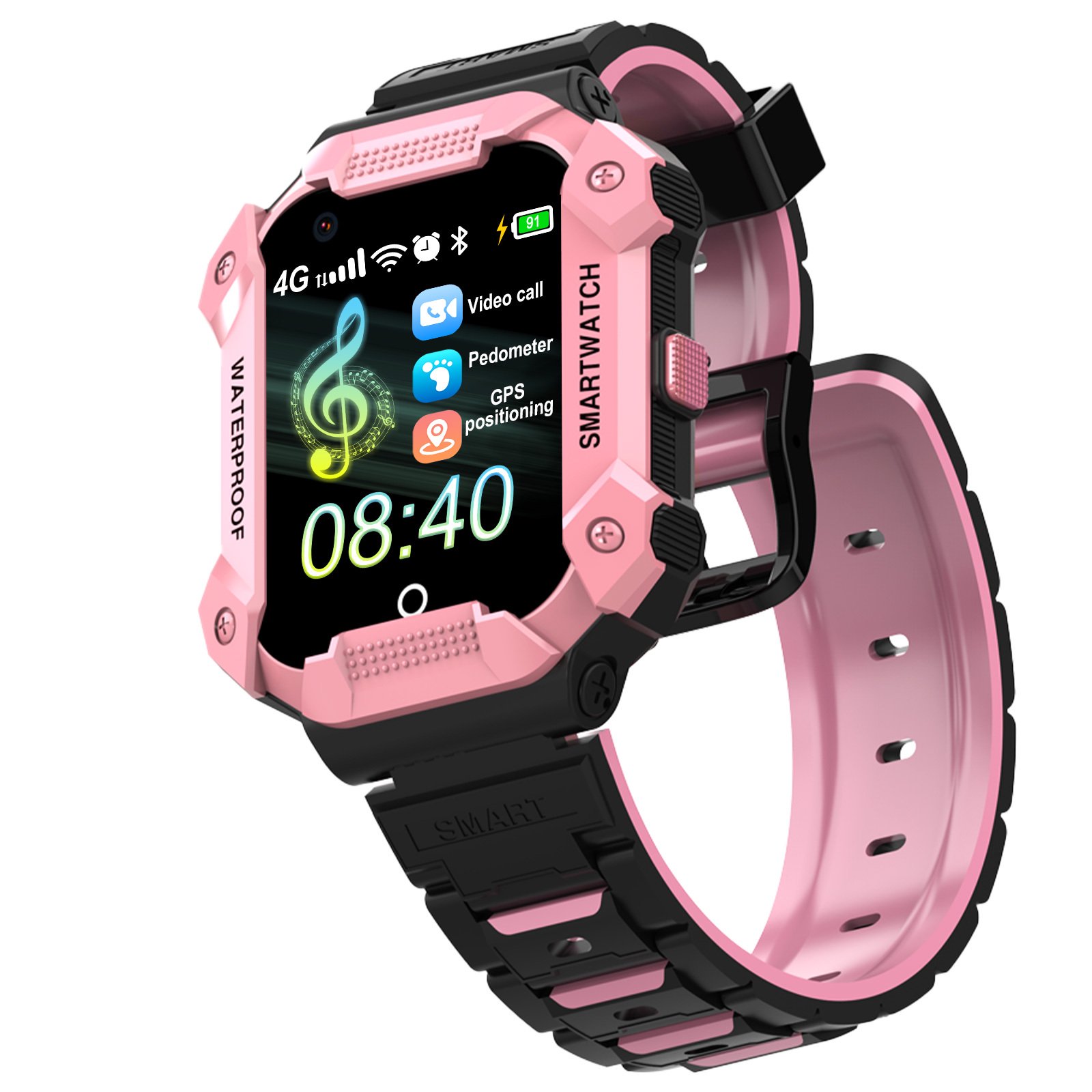 PTHTECHUS S07 Smart Watch for Boys Girls Smartwatch for Kids with 4G SIM GPS Video Call Pedometer MP3 Flashlights Calculator Alarm Clock Children Touch Screen Pink