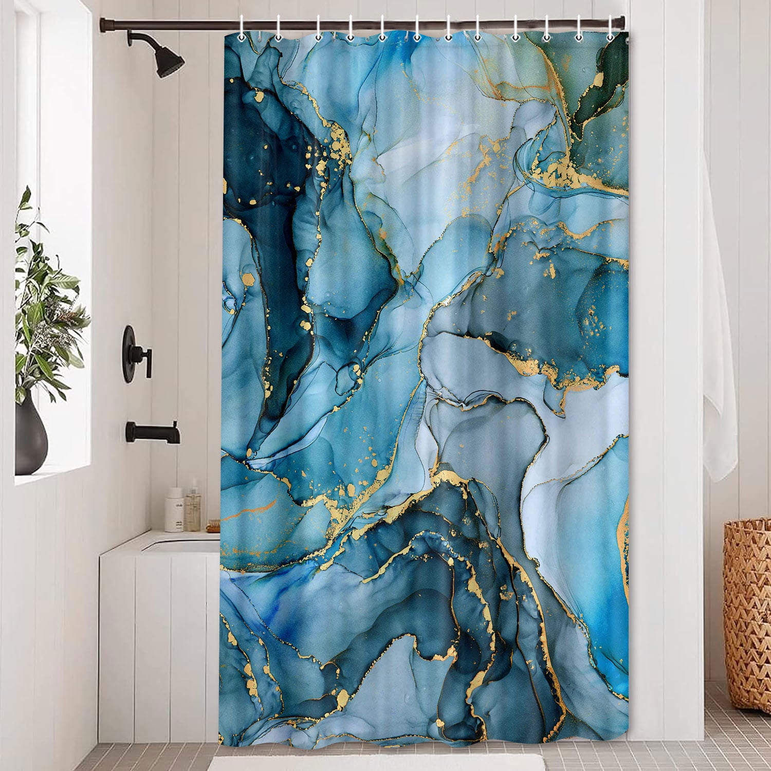 Blue Marble Bathroom Shower Curtain Set with Hooks 69X75in