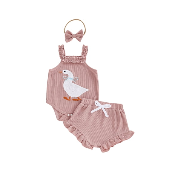 BemeyourBBs Newborn Baby Girl Summer Clothes Infant Baby Girl Duck Outfit Waffle Knit Ruffle Sleeveless Duck Embroidery Romper Bloomers Triangle Shorts Headband Sets