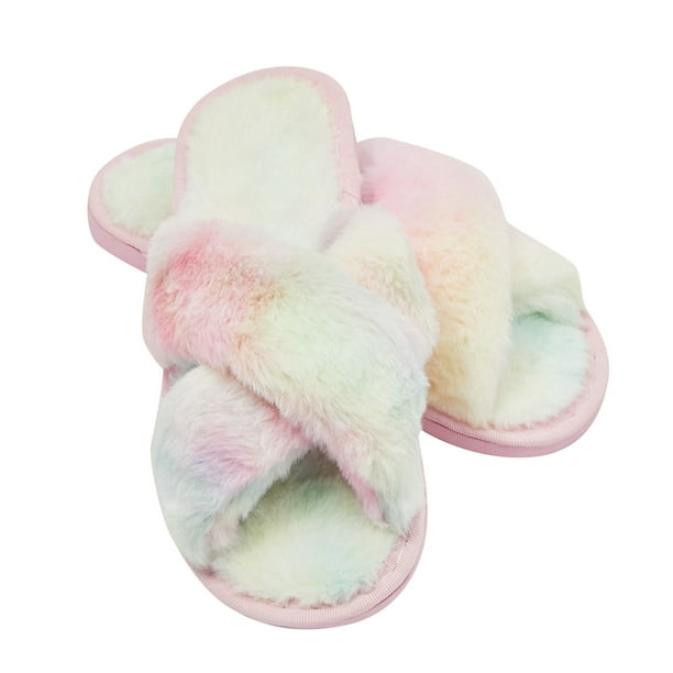 Fuzzy Cross Band House Slippers for Women Indoor Cozy Slip On Shoes, Furry  Plush Open Toe Slipper, Tie Dye Faux Fur, US Size 7