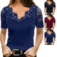 thumbnail image 2 of Tops De Manga Corta, Blusa De Encaje Elegante De Poliéster Con Cuello En V Transpirable Para Fiesta De Compras ANGGREK Azul M, 2 of 6