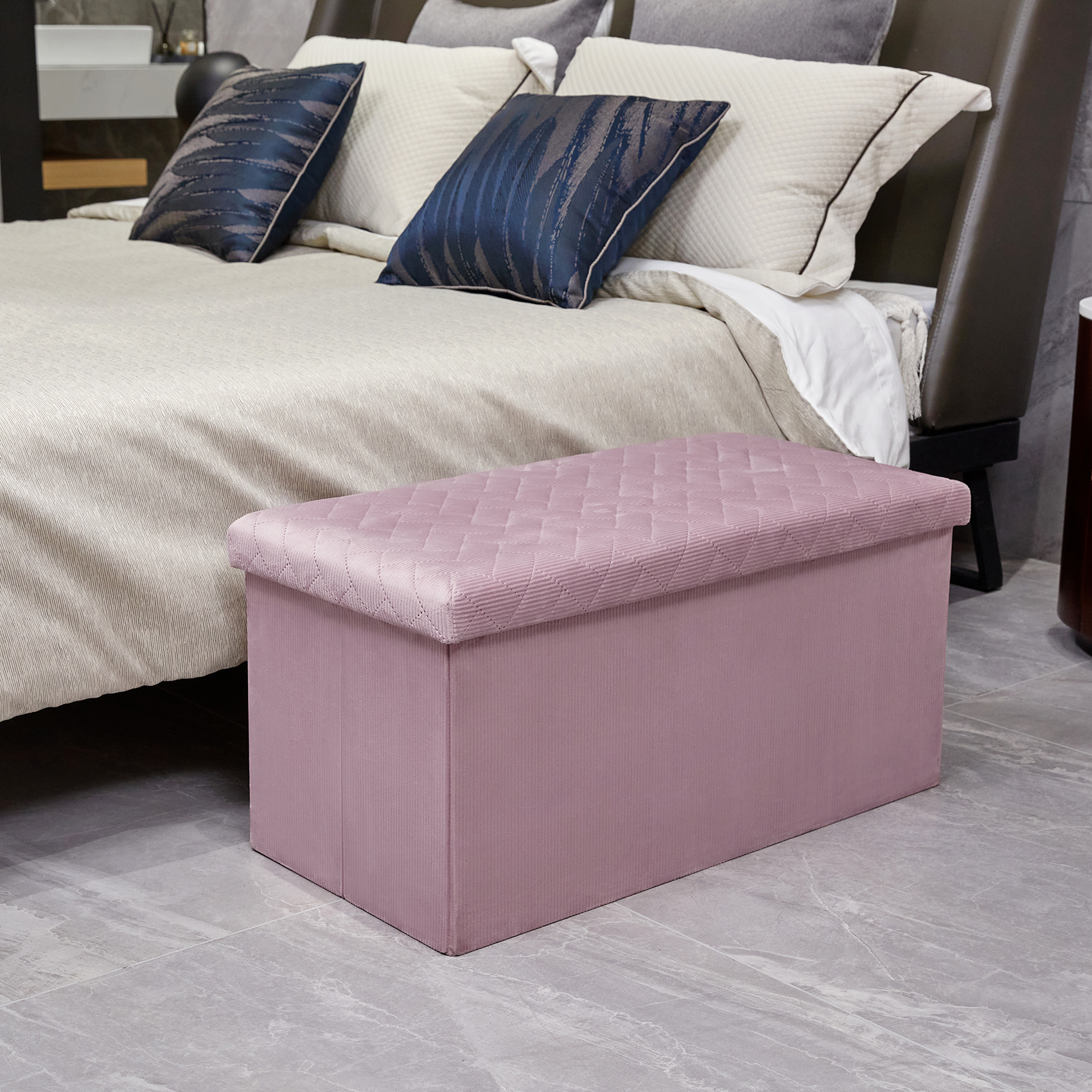 PINPLUS 30.1" Folding Pink Velvet  Storage Ottoman Bench with Lid for Living Room, Long Shoes Bench, Toys Chest Box, Foot Rest Stool Seat - image 5 of 7