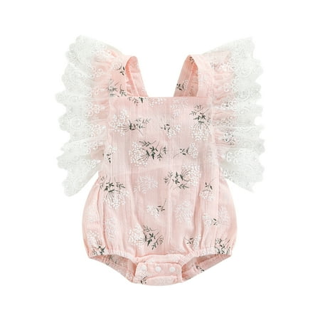 

ELF Baby Girls Summer Casual Romper Cotton Toddler Lace Flying Sleeve One-piece Floral Playsuit 0-2Y