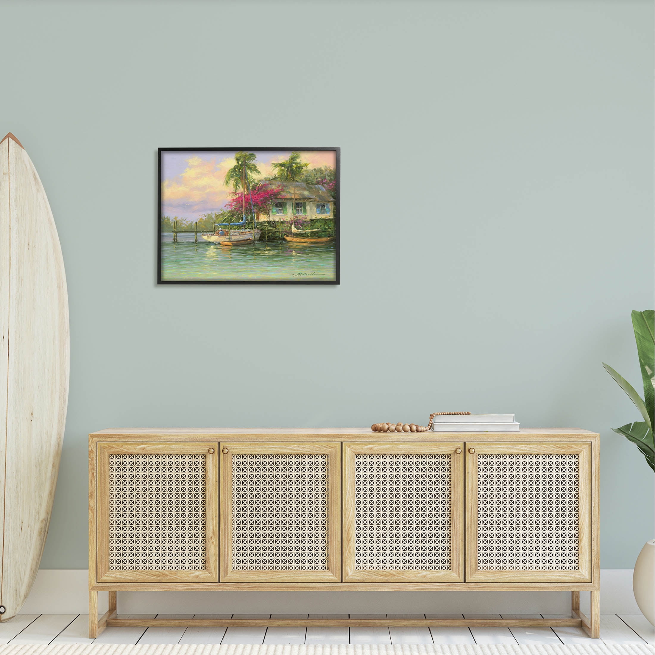 Tropical Vacation Seaside House Landscape Painting Black Framed Art Print Wall Art