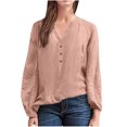 thumbnail image 1 of AherBiu Hauts à Manches Longues pour Femmes Blouse en Coton et Lin Demi-Boutonnage Col en V Hauts de Sortie pour Femmes, 1 of 5