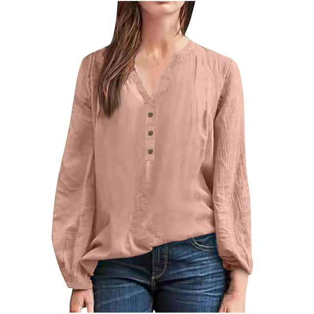 AherBiu Hauts à Manches Longues pour Femmes Blouse en Coton et Lin Demi-Boutonnage Col en V Hauts de Sortie pour Femmes