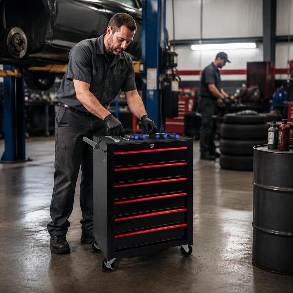 Metal Tool Chest 20-inch 6 Drawers Ball Bearing Slides Steel Construction Black Tool Storage Box