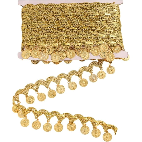 10 Yards Gold Coin Shape Sequins Lace Tassel Fringe Trim 1.54 Inch Width Fringe Lace Ribbon Dance Dress Belt Chain for DIY Clothing Ribbon Stage Performance Suits Dress Sewing Decor