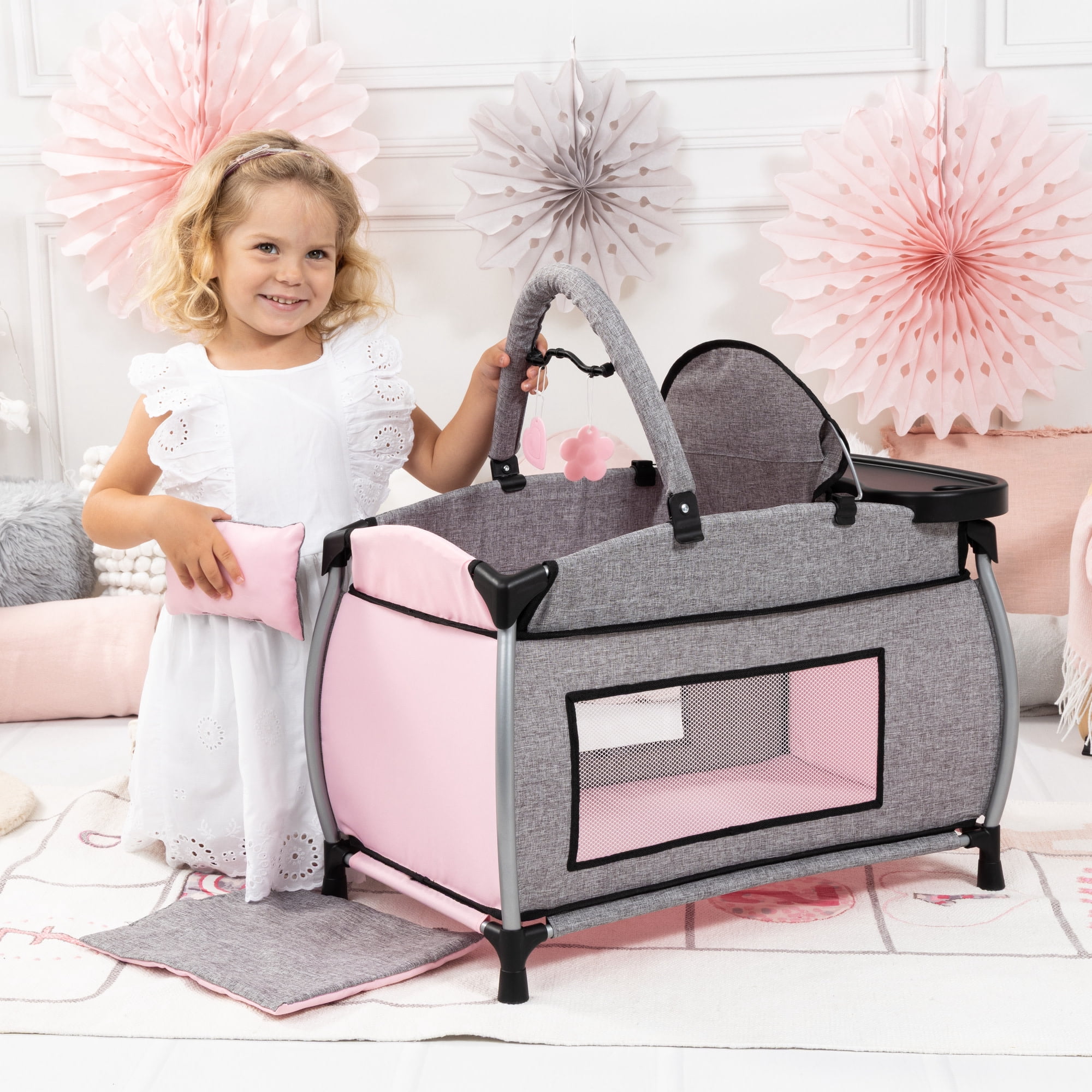 Bayer Design: Doll Multi-Bed - Grey-Pink-Butterfly - Sleep Playpen, Built-In Feeding Highchair, Pillow-Blanket, Care Center Fits 18" Dolls, Kids 3+