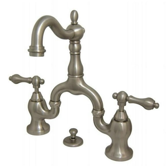 Kingston Brass  English Country Lavatory Bridge Faucet with Brass Pop-Up Metal Lever Handle - Satin Nickel