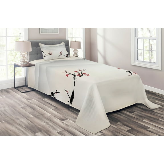 Ambesonne Nature Quilted Coverlet 2 Pcs, Sakura Flower and Gulls, Twin Size, Beige Red Black