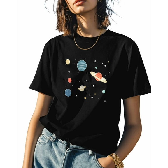 Universe Planet Womens Tshirt Graphic Tees Cotton Crew Neck T-Shirts, Casual Short Sleeve Shirts for Women Teen Girl Stars Space