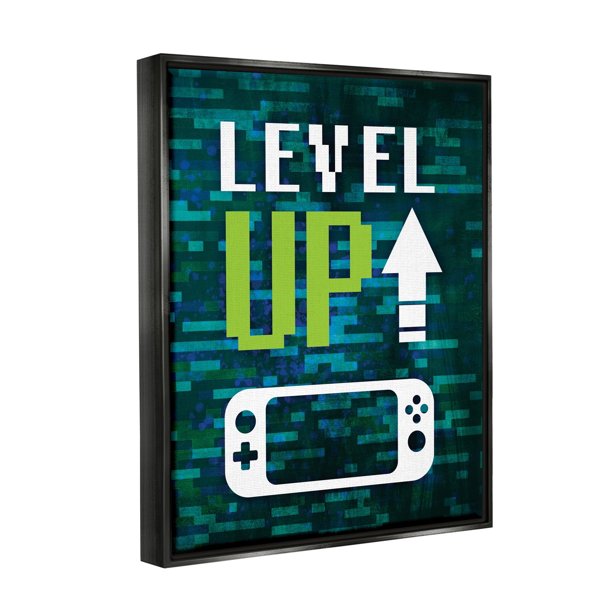 Stupell Industries Level Up Video Gaming Pixel Text Design Graphic Art Jet Black Floating Framed Canvas Print Wall Art, Design by Victoria Barnes