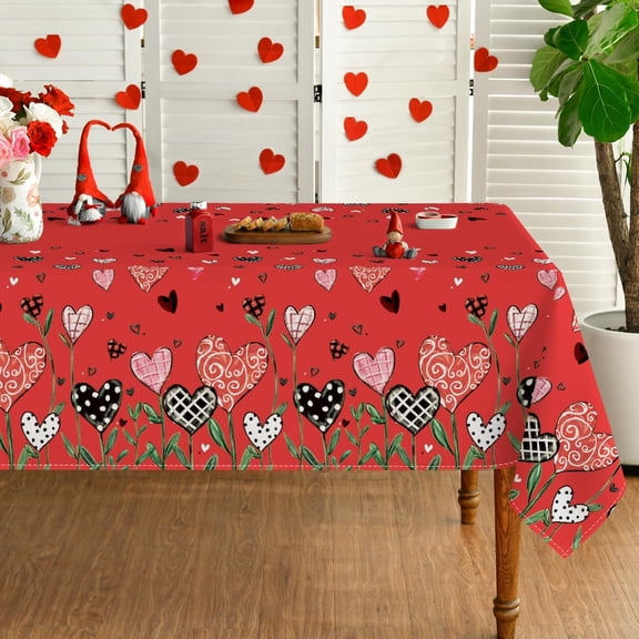 Valentine''s Day Tablecloth 60×102 Inch, Mixed Love Hearts Red Washable Table Cover for Party Picnic Dinner Decor