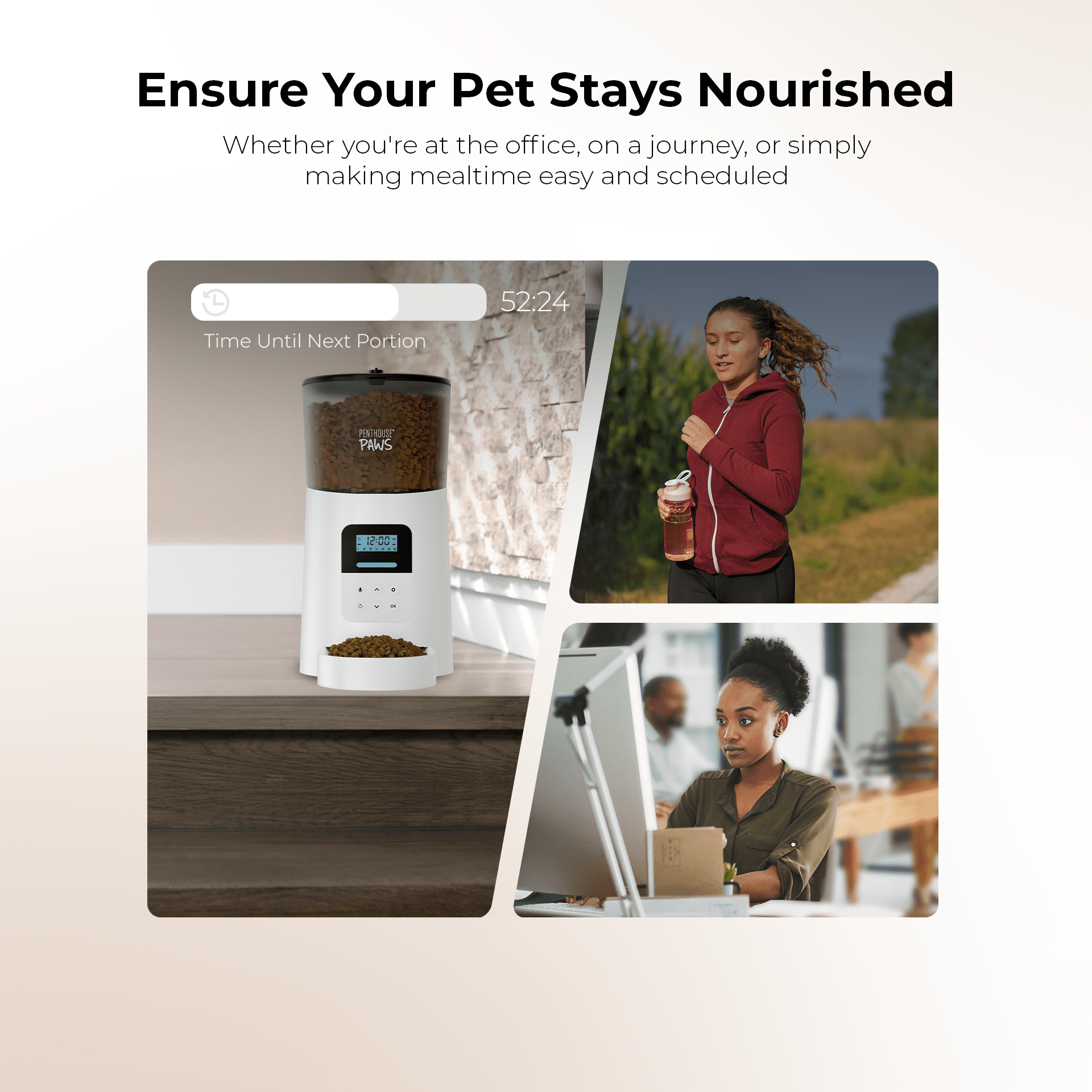 Penthouse Paws® Automatic Pet Food Feeder, 6L Capacity, LCD Panel, Voice Recording, Twist-Lock Seal, Backup Power, 15 Meals/Day, White, for Cat & Dog