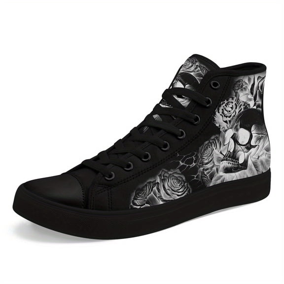 Coolcustomize Men's Gothic Skull Rose High-Top Sneakers - Black & White Lace-Up Street Style Shoes with Floral Design, Fabric Upper Boots for Casual & Formal Wear, Versatile Footwear, Skull Motif