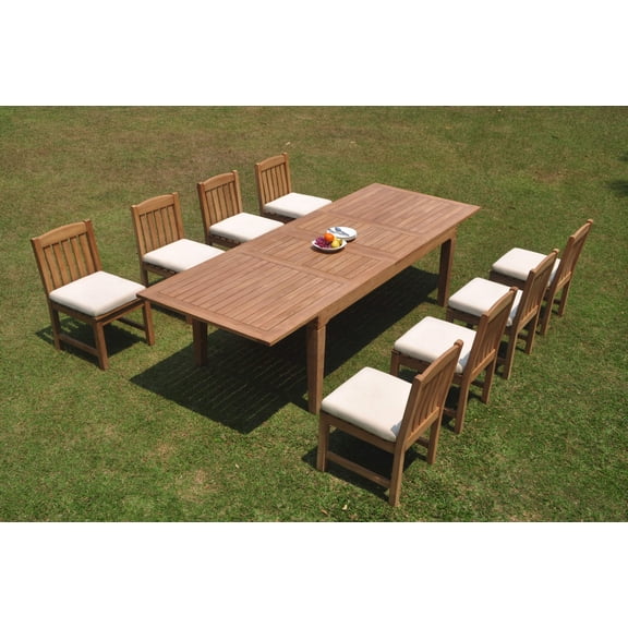 Grade-A Teak Dining Set: 8 Seater 9 Pc: 122" Caranas Double Extension Rectangle Table And 8 Devon Armless Chairs Outdoor WholesaleTeak #WMDV54
